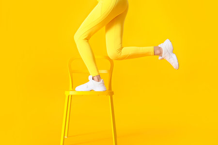 Sporty young woman with chair on color backgroundの写真素材