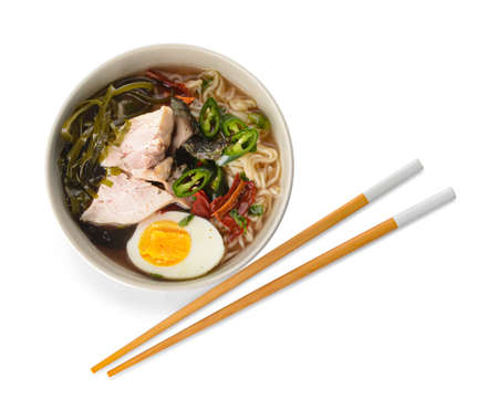 Tasty Chinese soup with chicken in bowl on white backgroundの写真素材