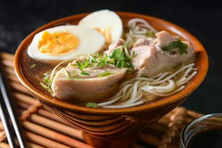 Tasty Chinese soup with chicken in bowl on dark background, closeup
