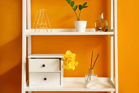 Beautiful narcissus flowers on shelf in room