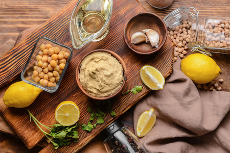 Composition with tasty hummus and ingredients on wooden backgroundの写真素材