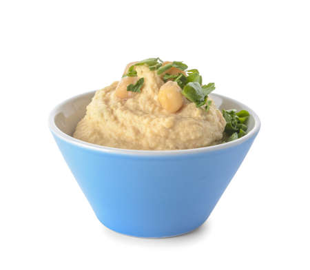 Bowl with tasty hummus on white backgroundの写真素材