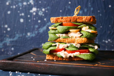 Board with tasty sandwich on color background, closeup