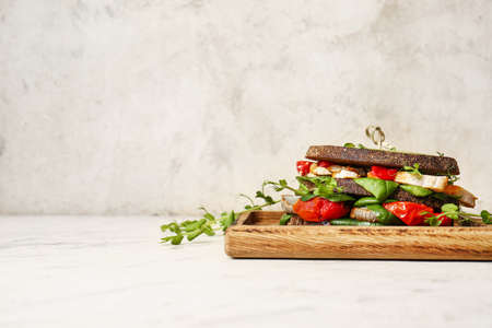 Board with tasty sandwich on light backgroundの写真素材