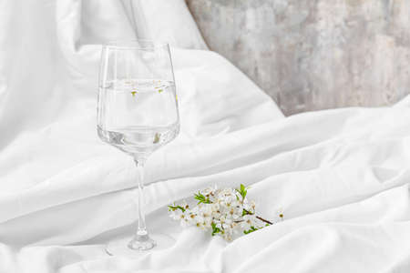 Glass of water and blooming branches on light backgroundの写真素材