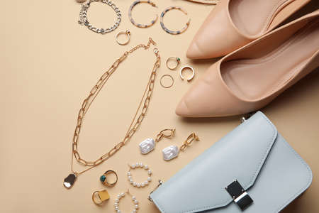 Set of female accessories and shoes on color background, closeupの写真素材