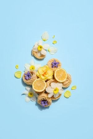 Creative composition with raw pasta, lemon and flowers on color background
