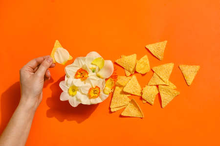 Female hand with tasty nachos and flowers on color backgroundの写真素材