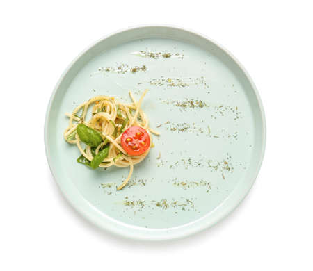 Plate with tasty pasta on white backgroundの写真素材