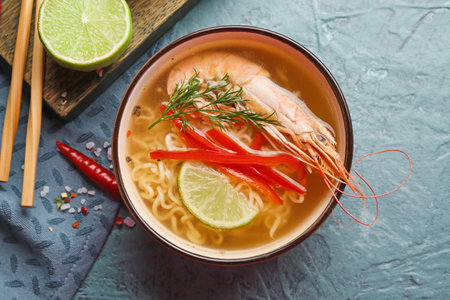 Bowl of tasty Thai soup with shrimps on color background