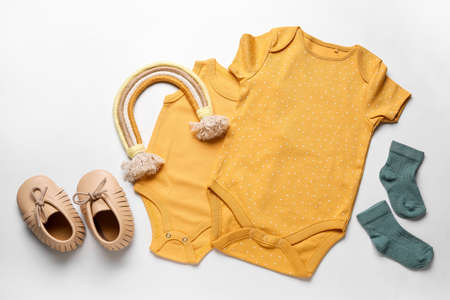 Set of baby clothes on white backgroundの写真素材