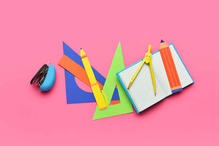 Set of school stationery on color backgroundの写真素材