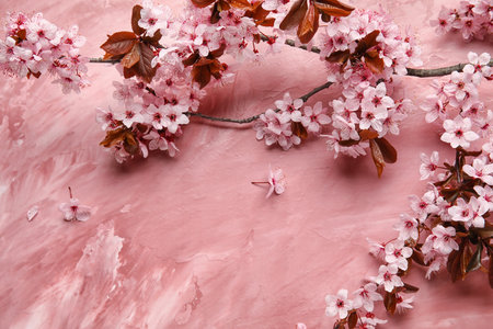 beautiful blossoming branches on color backgroundの写真素材