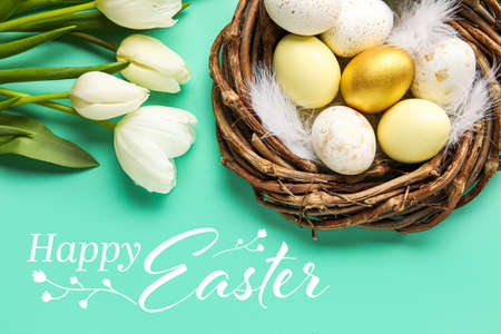 Beautiful Easter greeting card with flowers and painted eggs in nest