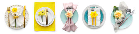 Collage with beautiful spring table setting isolated on whiteの写真素材