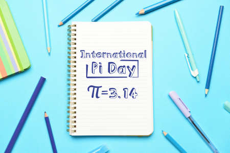 Set of stationery with notebook on color background. International Pi Dayの写真素材