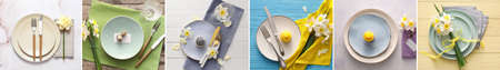 Collage with beautiful spring table setting