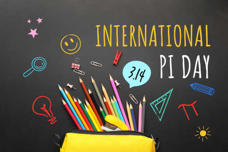 Set of school stationery on chalkboard. International Pi Dayの写真素材