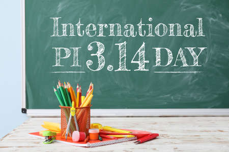 Set of school stationery on table in classroom. International Pi Dayの写真素材