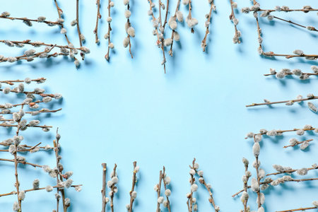 Frame made of willow branches on color background