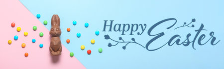 Chocolate bunny, candies and text HAPPY EASTER on color background
