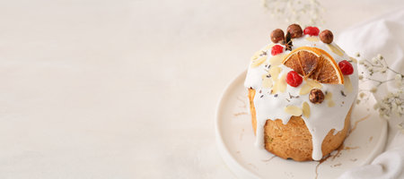 Delicious Easter cake on light background with space for text