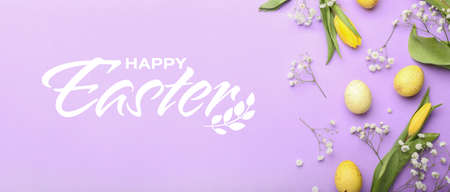 Beautiful Easter greeting card with painted eggs and spring flowers