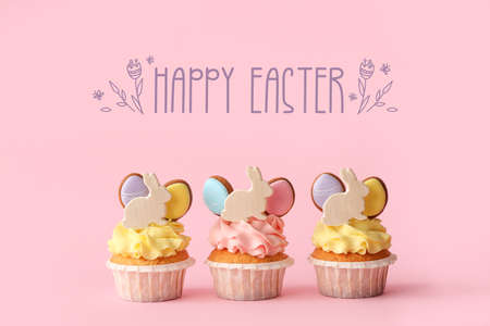 Easter greeting card with tasty cupcakes