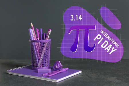 Set of school stationery and text INTERNATIONAL PI DAY on dark backgroundの写真素材