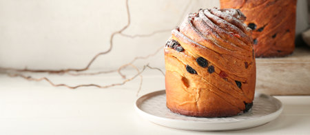 Delicious Easter cake on light background with space for text