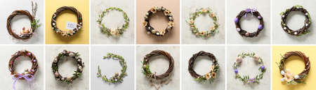 Collage with beautiful Easter wreaths, top view