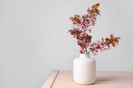 Vase with beautiful blossoming branches on light backgroundの写真素材