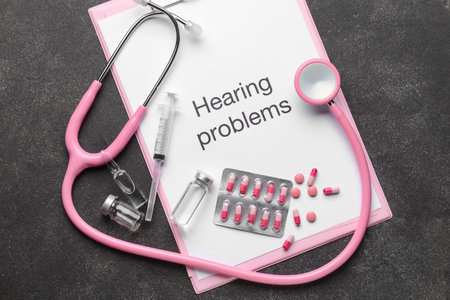 Clipboard with text HEARING PROBLEMS, stethoscope and pills on dark backgroundの写真素材