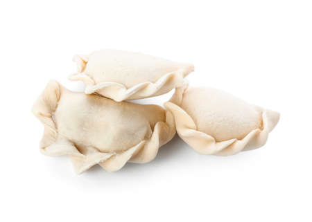Raw dumplings on white backgroundの写真素材