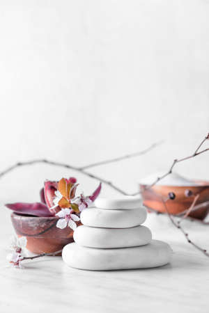 Spa stones with blossoming branch on white background, closeupの写真素材