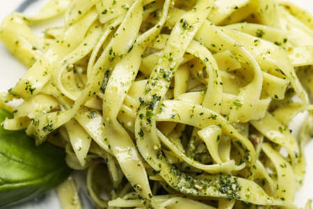 Tasty pasta with pesto sauce, closeupの写真素材