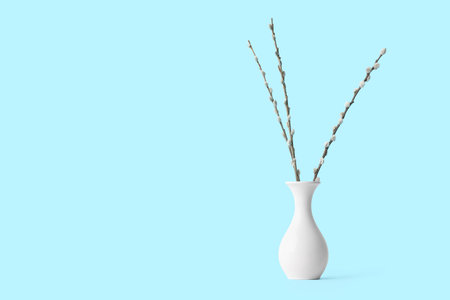 Vase with willow branches on color backgroundの写真素材