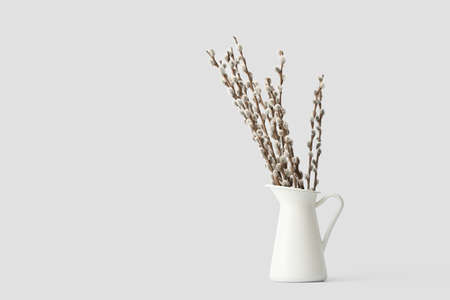 Jug with willow branches on white backgroundの写真素材
