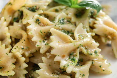 Tasty pasta with pesto sauce, closeupの写真素材