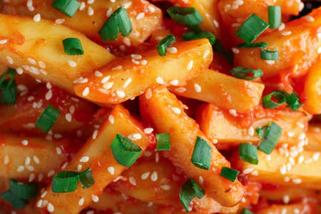 Tasty honey chilli potato closeup