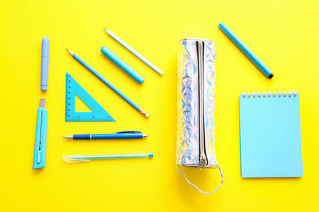 Pencil case with stationery on color background