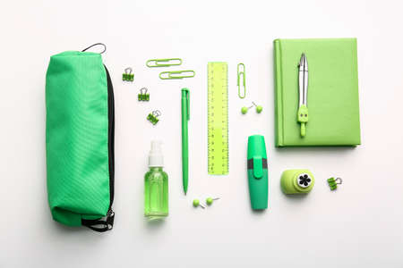 Pencil case with stationery on white backgroundの写真素材