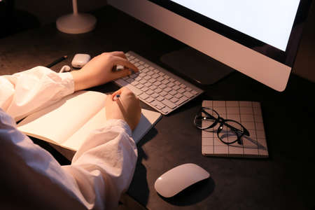 Woman working late in the night, closeup