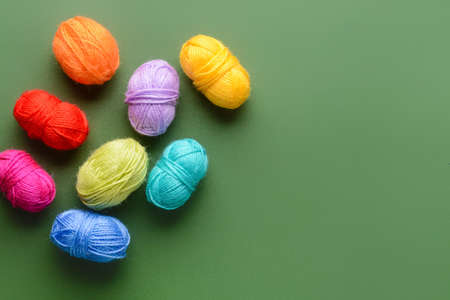 Knitting yarn on green backgroundの写真素材