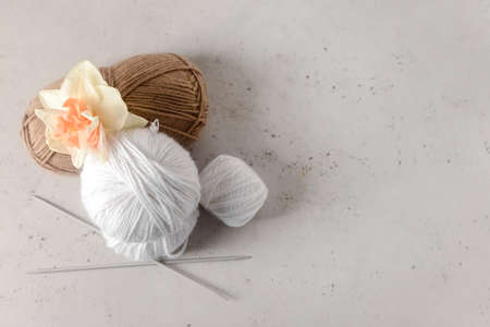 Knitting yarn, needles and blooming flower on light table