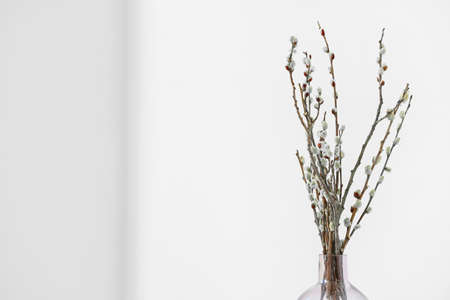 Vase with willow branches near light wallの写真素材