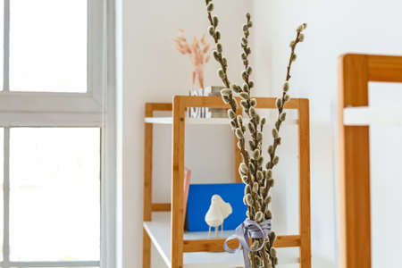 Vase with willow branches in interior of roomの写真素材
