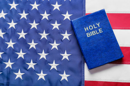 Blue Holy Bible on flag of USAの写真素材