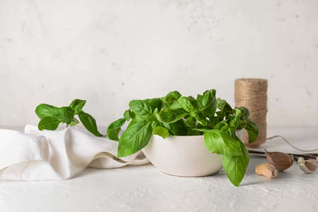 Bowl with fresh basil leaves and garlic on light backgroundの写真素材