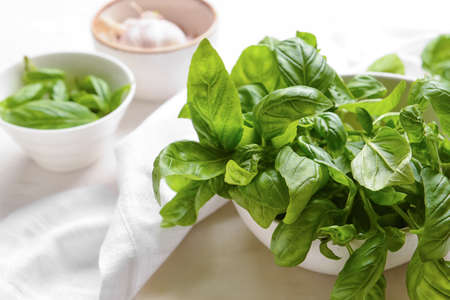 Bowl with fresh basil leaves on light backgroundの写真素材